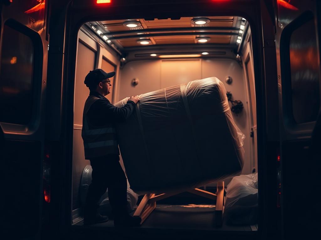 Mover loading protected furniture into a cargo van