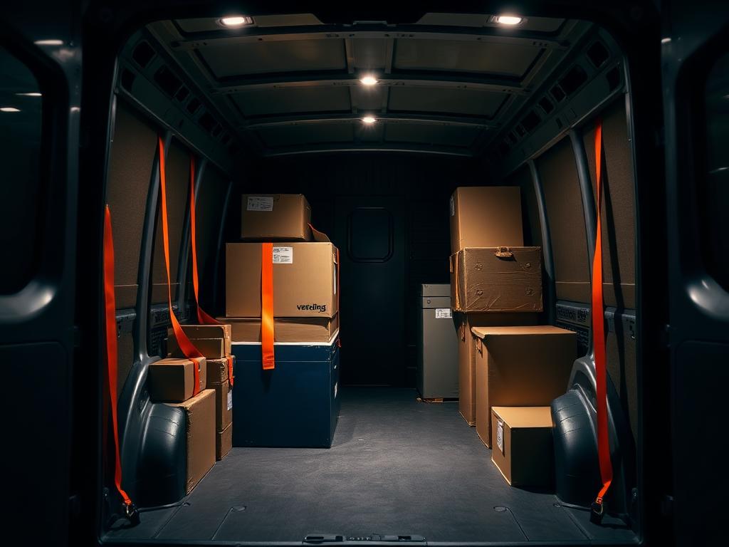 Cargo van packed with boxes secured by orange ratchet straps